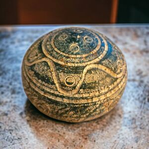 Vintage Antique 3.75" Etched Engraved Blue Ball Orb Pottery Hand Carved